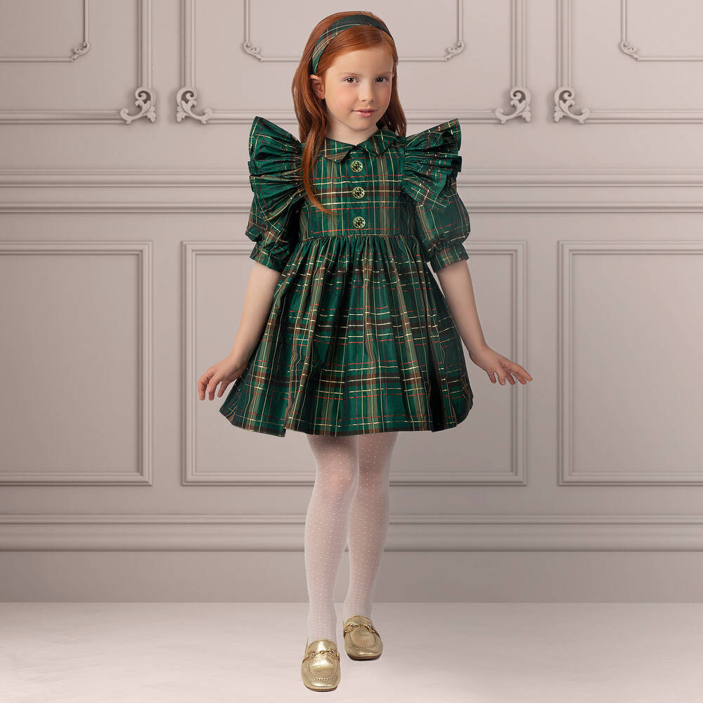 Irpa Girls Dark Green Metallic Tartan Dress Childrensalon Outlet