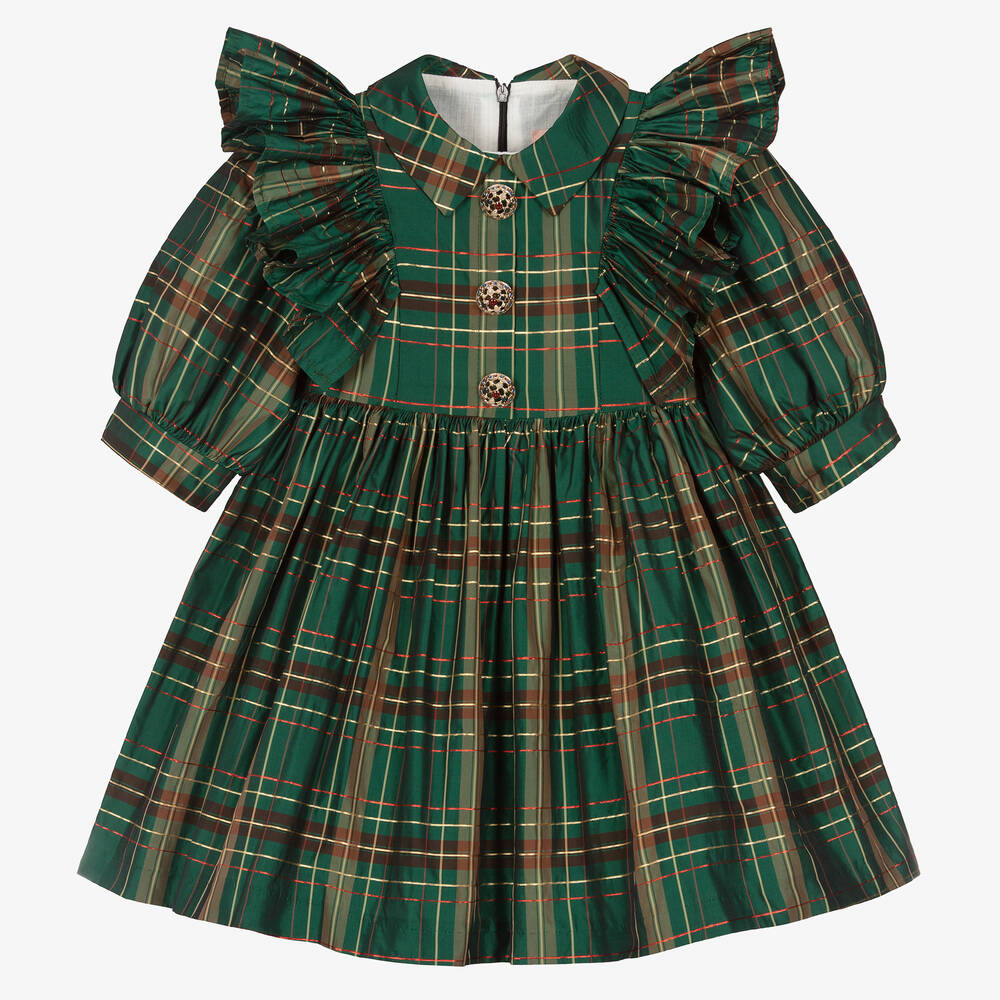 Irpa - Girls Dark Green Metallic Tartan Dress | Childrensalon