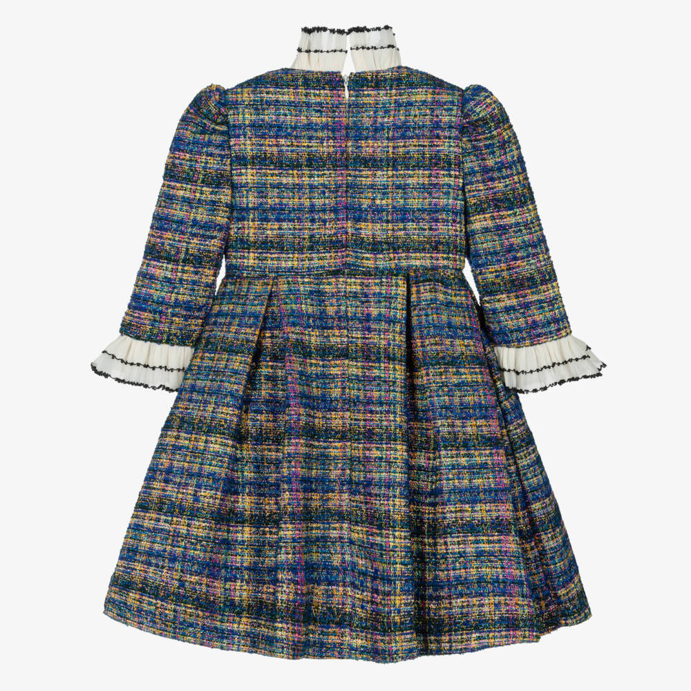 Irpa-Girls Glittery Blue Tweed Dress with Ruffle Trims | Childrensalon Outlet