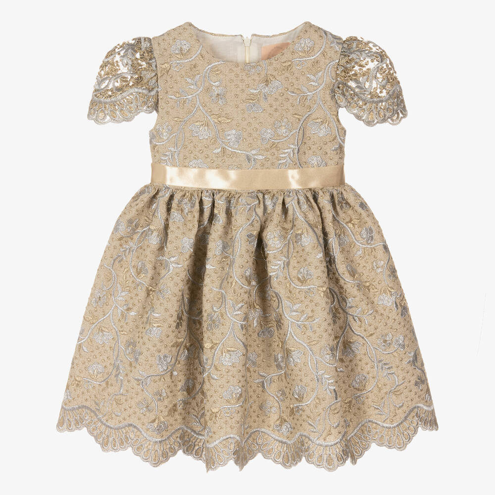 Irpa - Girls Gold Brocade Dress | Childrensalon