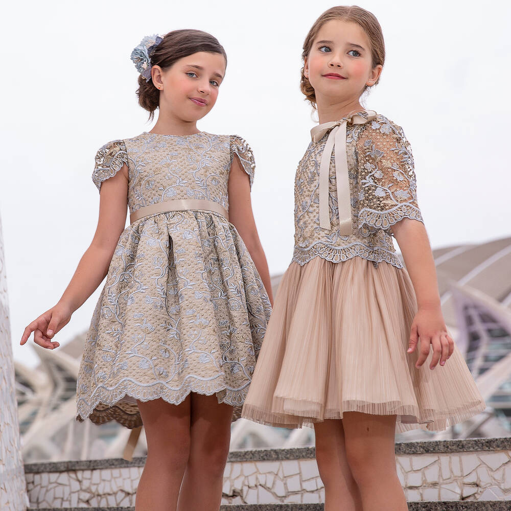 Irpa-Girls Gold Brocade Dress | Childrensalon Outlet
