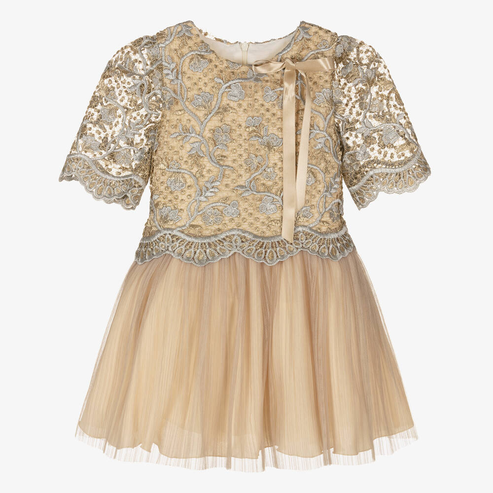Irpa - Girls Gold Brocade & Tulle Dress | Childrensalon