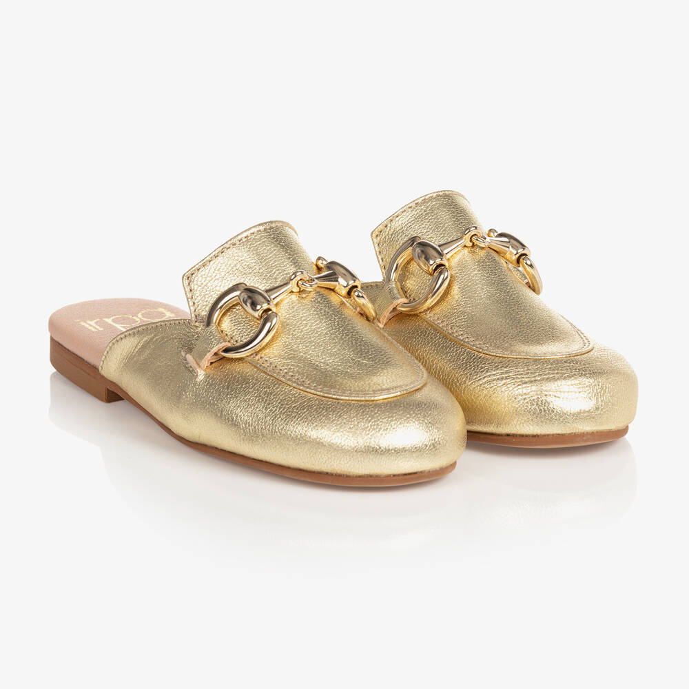Irpa - Girls Gold Leather Buckle Loafers | Childrensalon