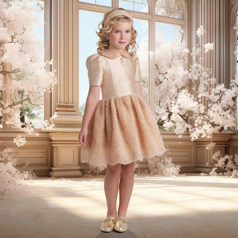 Irpa-Girls Gold Satin & Tulle Gown | Childrensalon Outlet