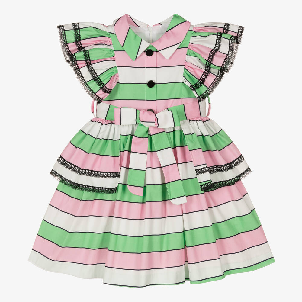 Irpa - Robe verte et rose rayée fille | Childrensalon