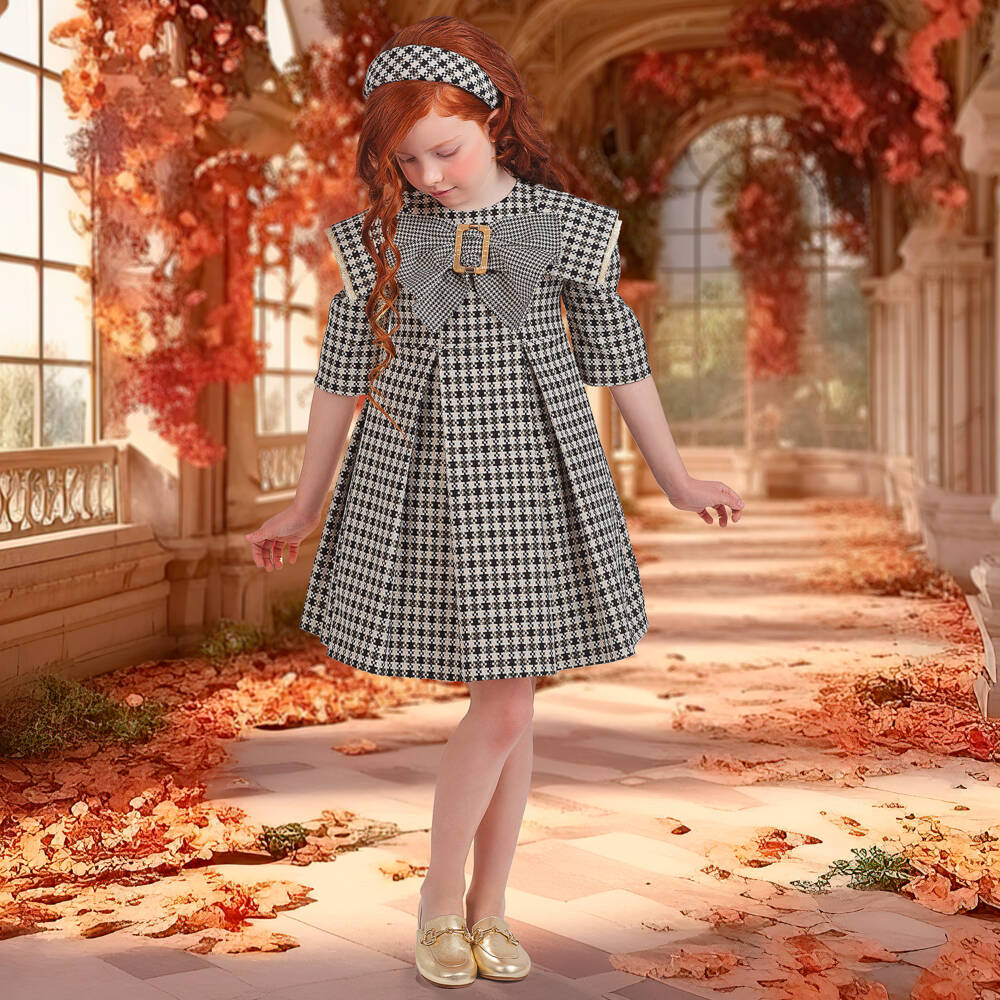Irpa-Girls Houndstooth Ivory Black Dress | Childrensalon Outlet