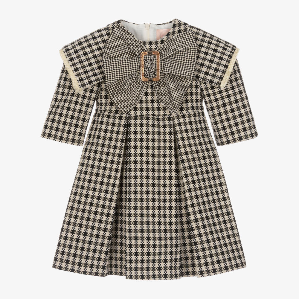 Irpa-Girls Houndstooth Ivory Black Dress | Childrensalon Outlet