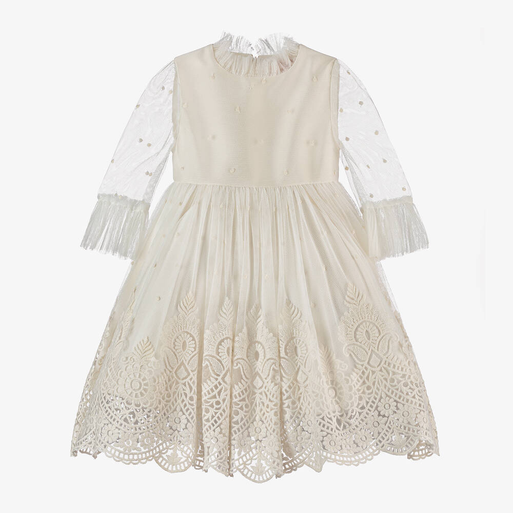 Irpa-Girls Ivory Embroidered Tulle Dress | Childrensalon Outlet