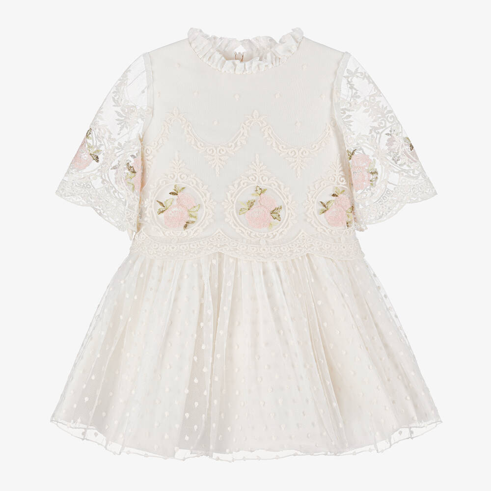 Irpa-Girls Ivory Embroidered Tulle Dress | Childrensalon Outlet