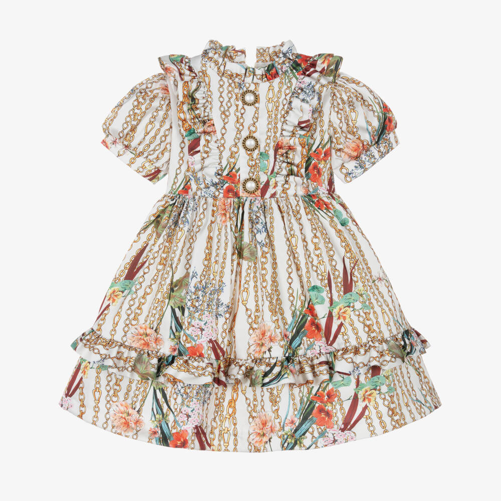 Irpa-Girls Ivory Floral & Chain Print Satin Dress | Childrensalon Outlet