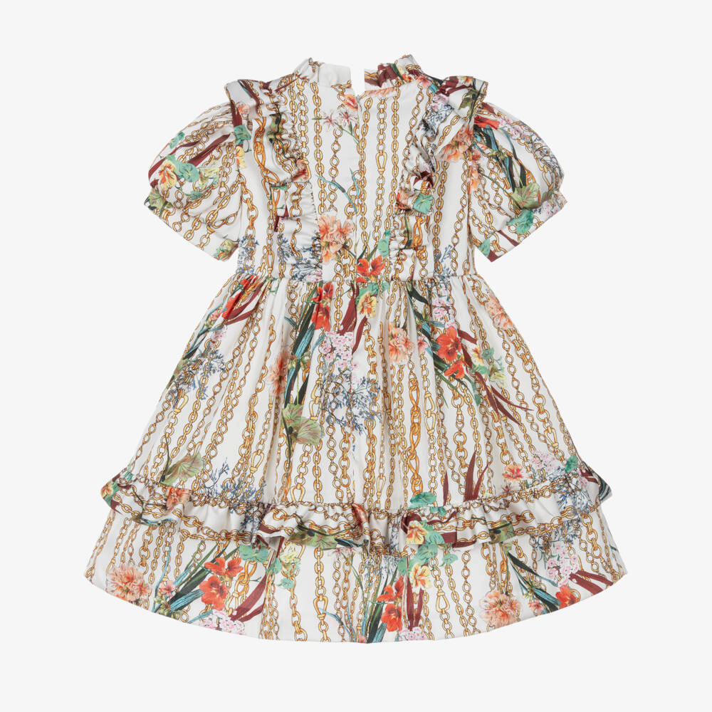 Irpa-Girls Ivory Floral & Chain Print Satin Dress | Childrensalon Outlet