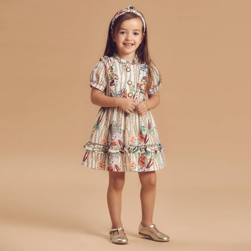 Irpa-Girls Ivory Floral & Chain Print Satin Dress | Childrensalon Outlet