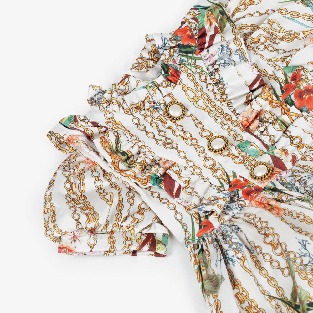 Irpa-Girls Ivory Floral & Chain Print Satin Dress | Childrensalon Outlet