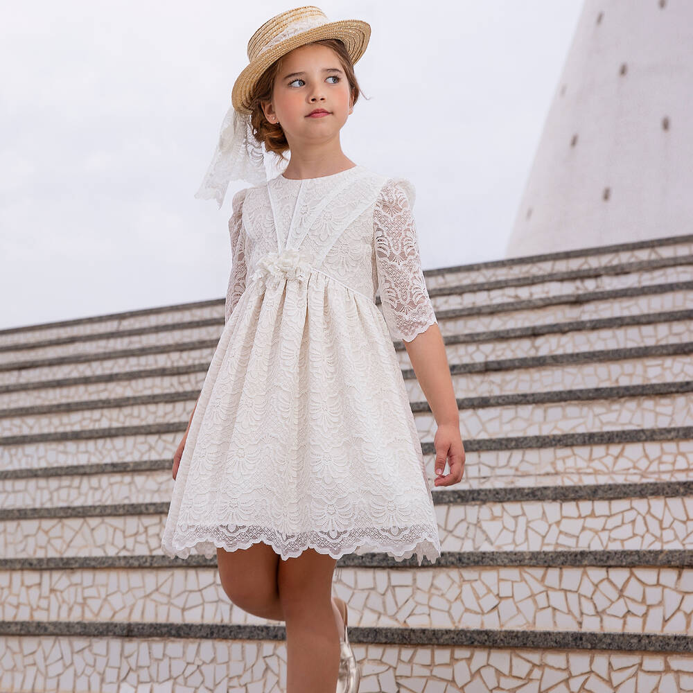 إيربا-فستان مزيج قطن فوال مزين بدانتيل لون عاجي | Childrensalon Outlet