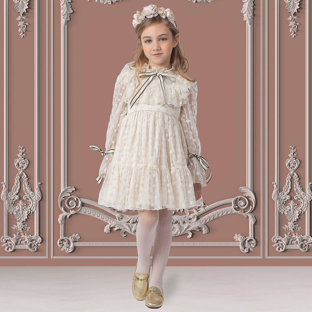 Irpa-Кремовое платье из тюля с цветами | Childrensalon Outlet