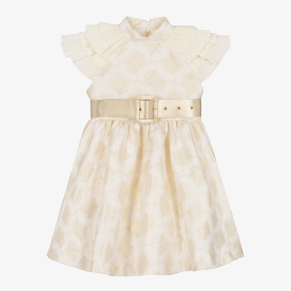 Irpa - Girls Ivory & Gold Jacquard Dress | Childrensalon