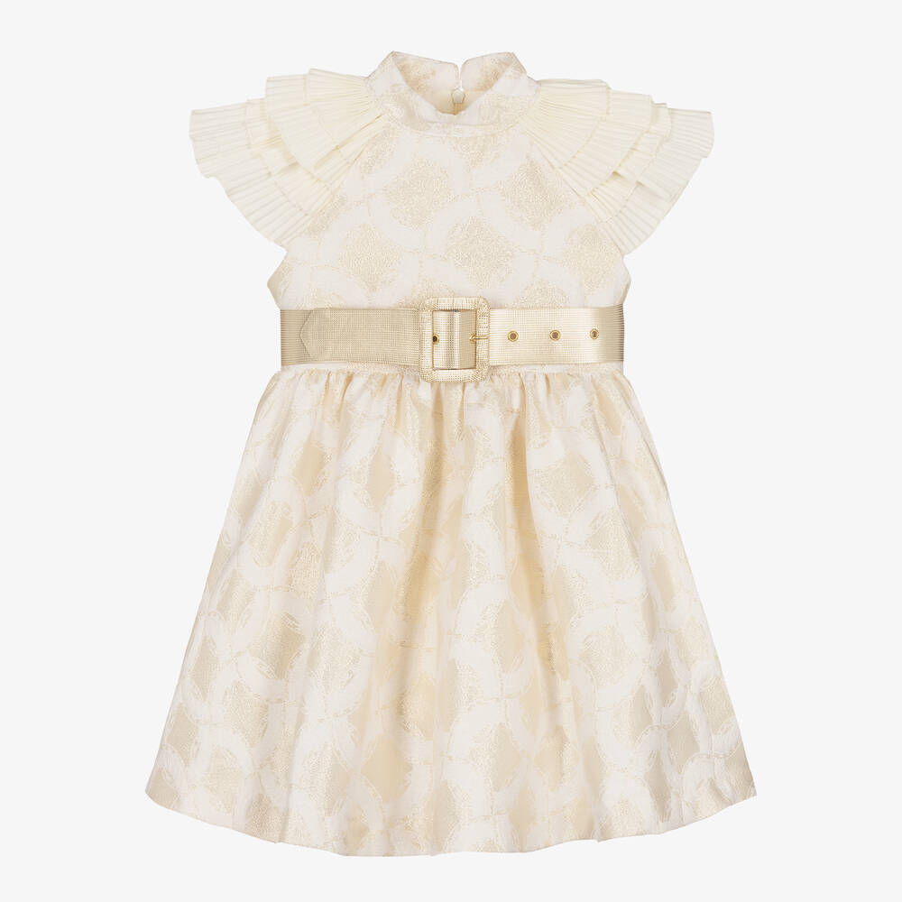 Irpa - Robe ivoire et dorée en jacquard fille | Childrensalon