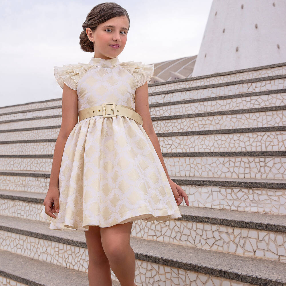 Irpa-Кремово-золотистое жаккардовое платье для девочек | Childrensalon Outlet