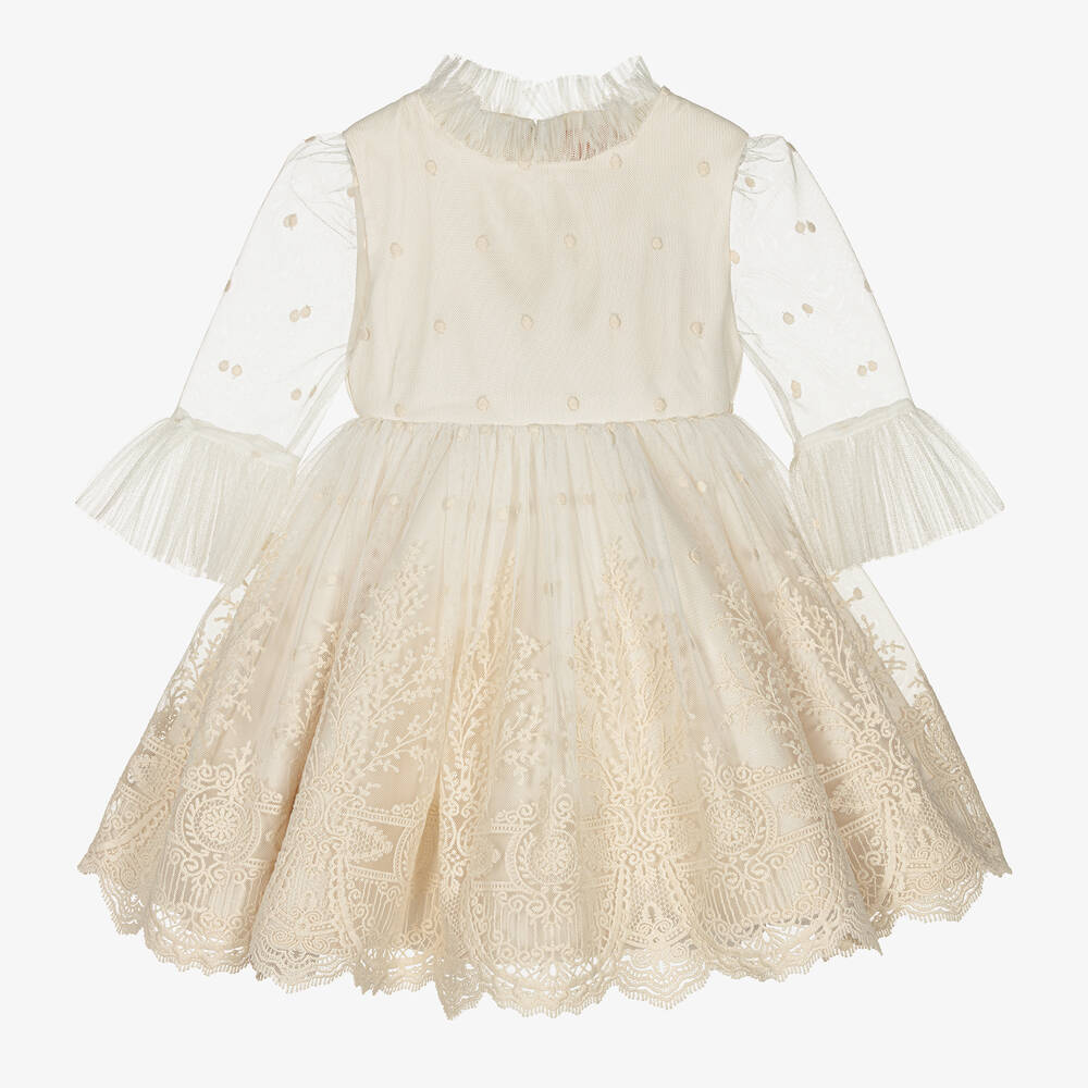 Irpa-Кремовое платье из тюля с кружевом | Childrensalon Outlet