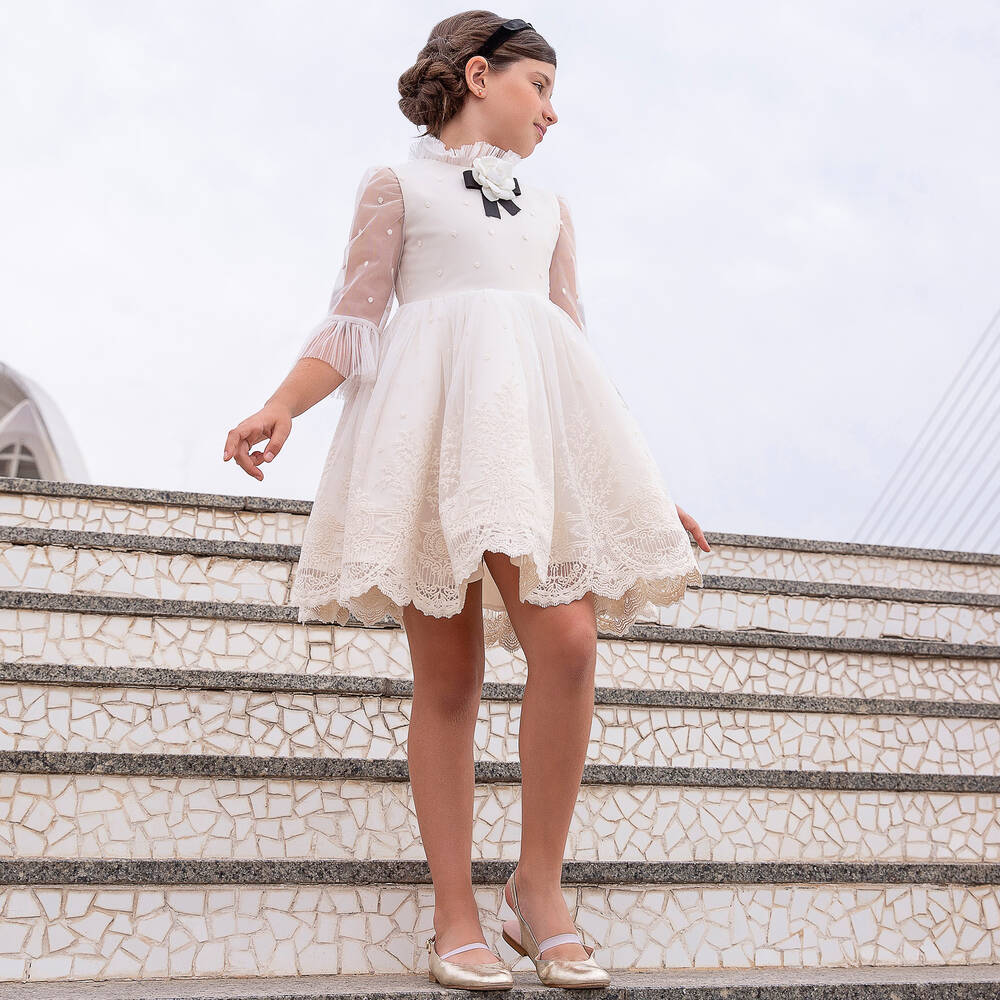 Irpa-Кремовое платье из тюля с кружевом | Childrensalon Outlet