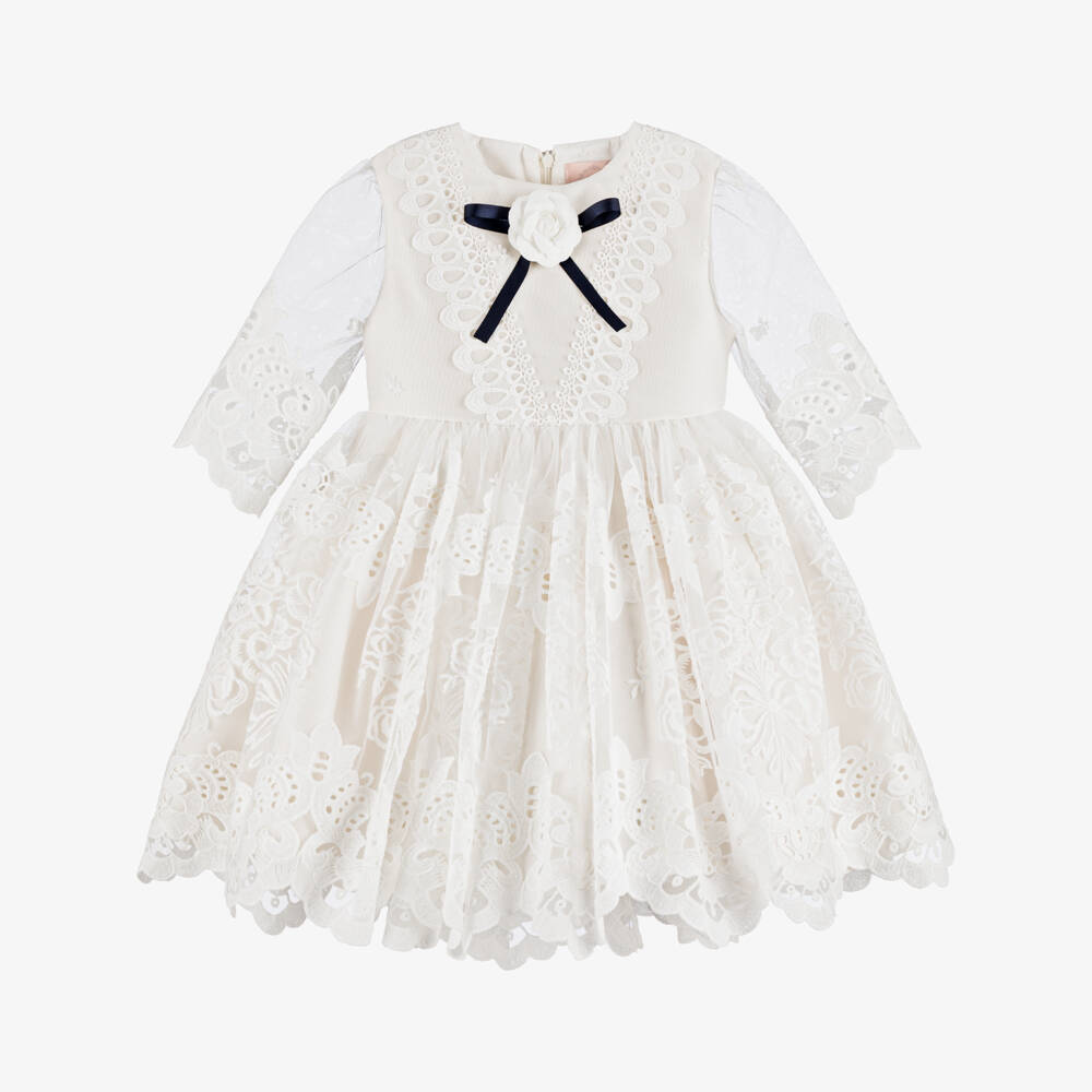 Irpa-Girls Ivory Lacy Embroidered Tulle Dress with Navy Blue Bow | Childrensalon Outlet