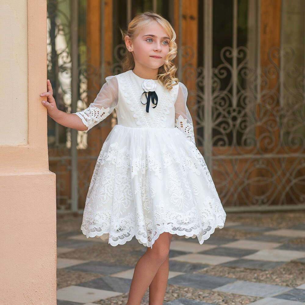 Irpa-Girls Ivory Lacy Embroidered Tulle Dress with Navy Blue Bow | Childrensalon Outlet