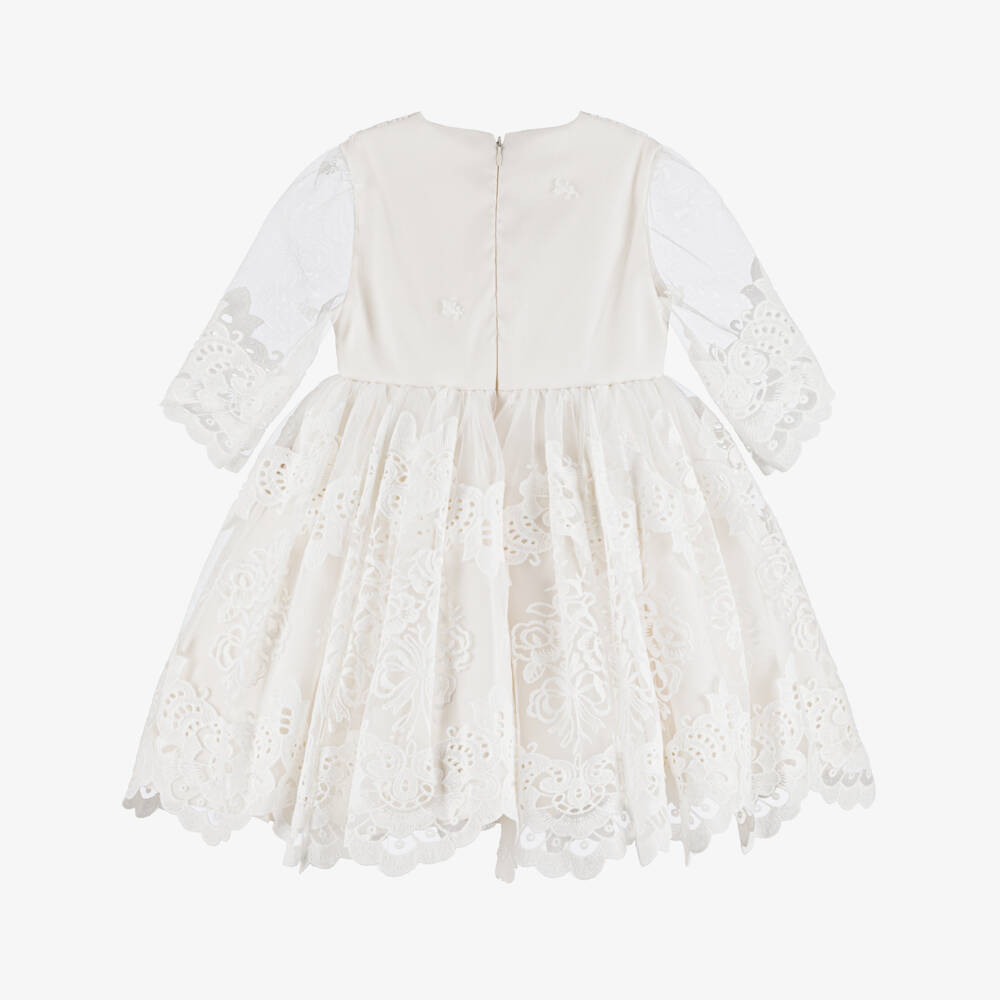Irpa-Girls Ivory Lacy Embroidered Tulle Dress with Navy Blue Bow | Childrensalon Outlet