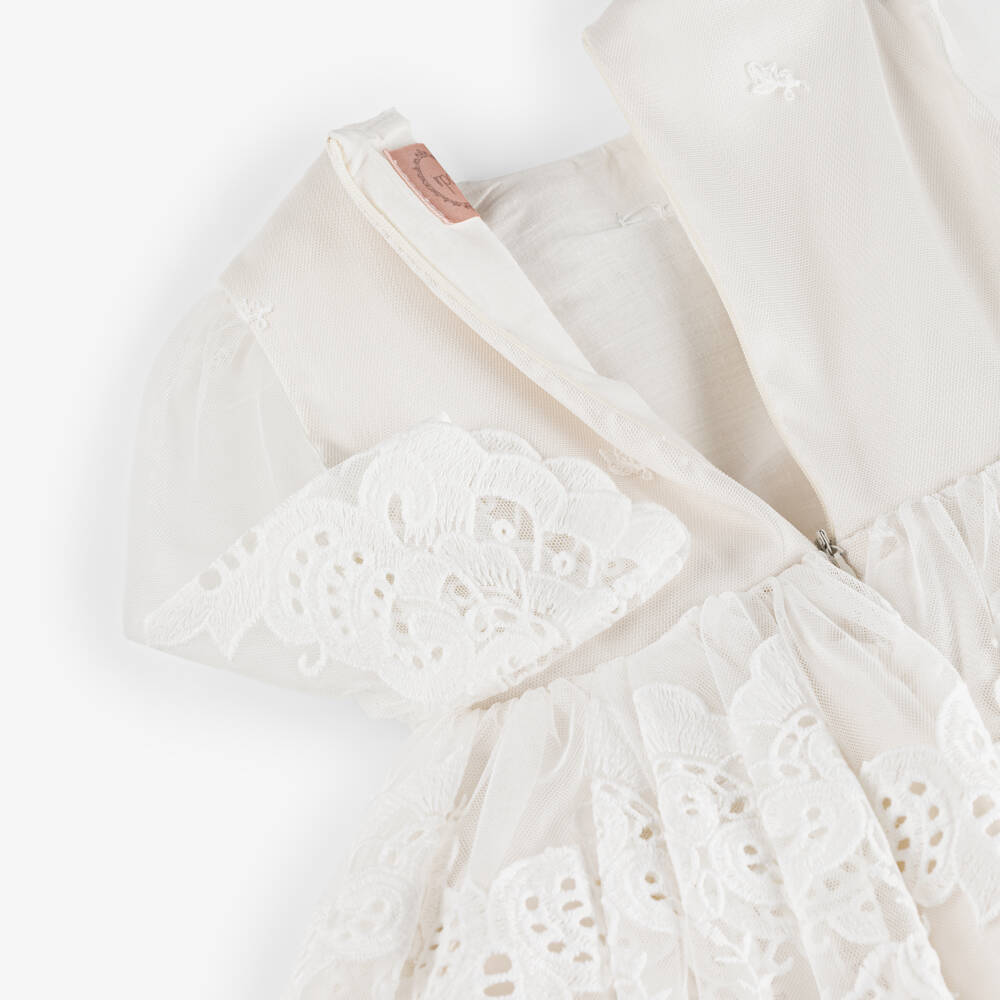 Irpa-Girls Ivory Lacy Embroidered Tulle Dress with Navy Blue Bow | Childrensalon Outlet