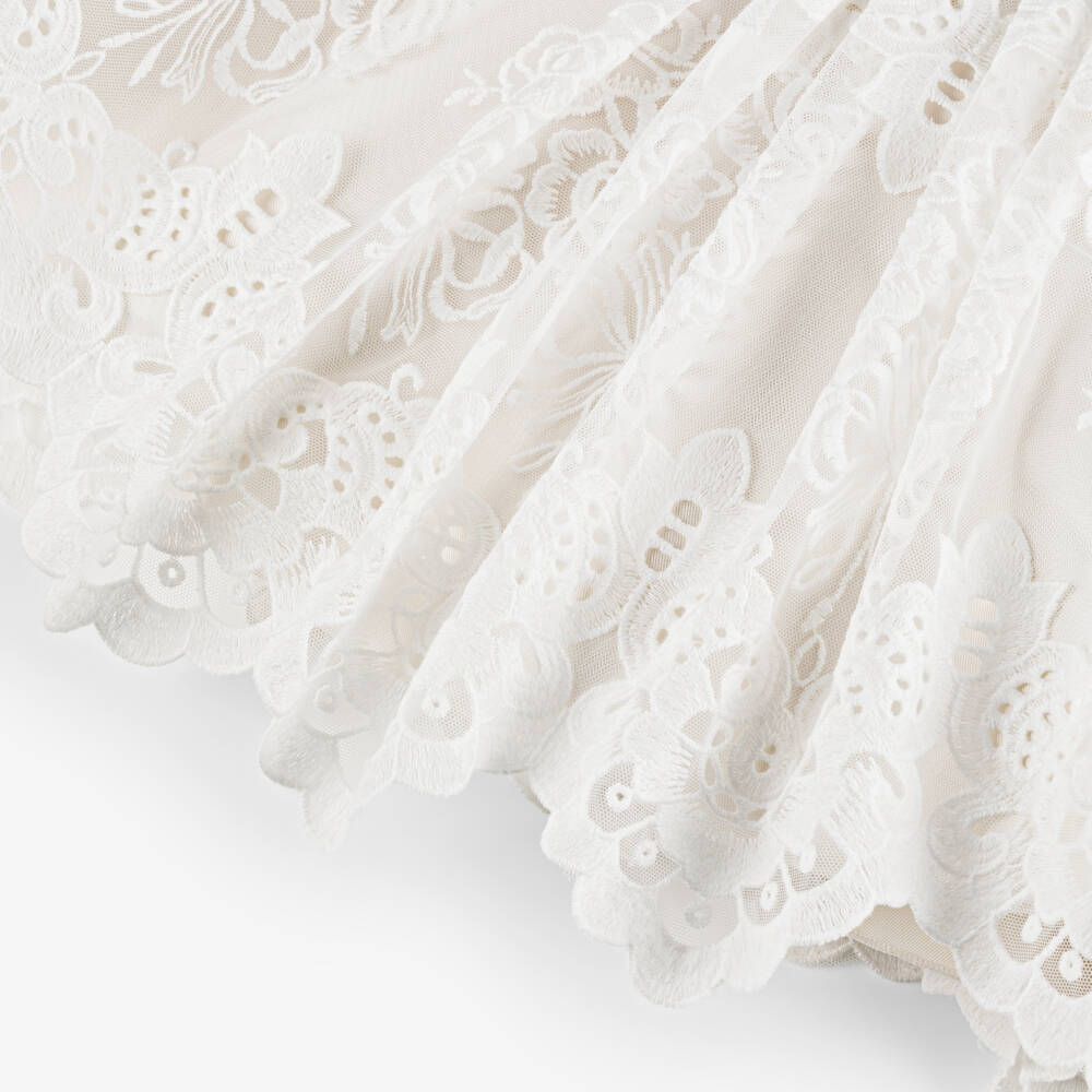 Irpa-Girls Ivory Lacy Embroidered Tulle Dress with Navy Blue Bow | Childrensalon Outlet