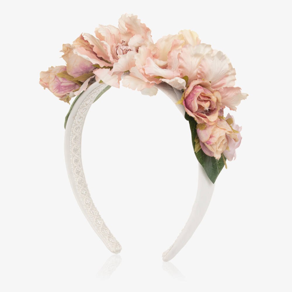 Irpa-Girls Ivory & Pink Floral Appliqué Hairband | Childrensalon Outlet