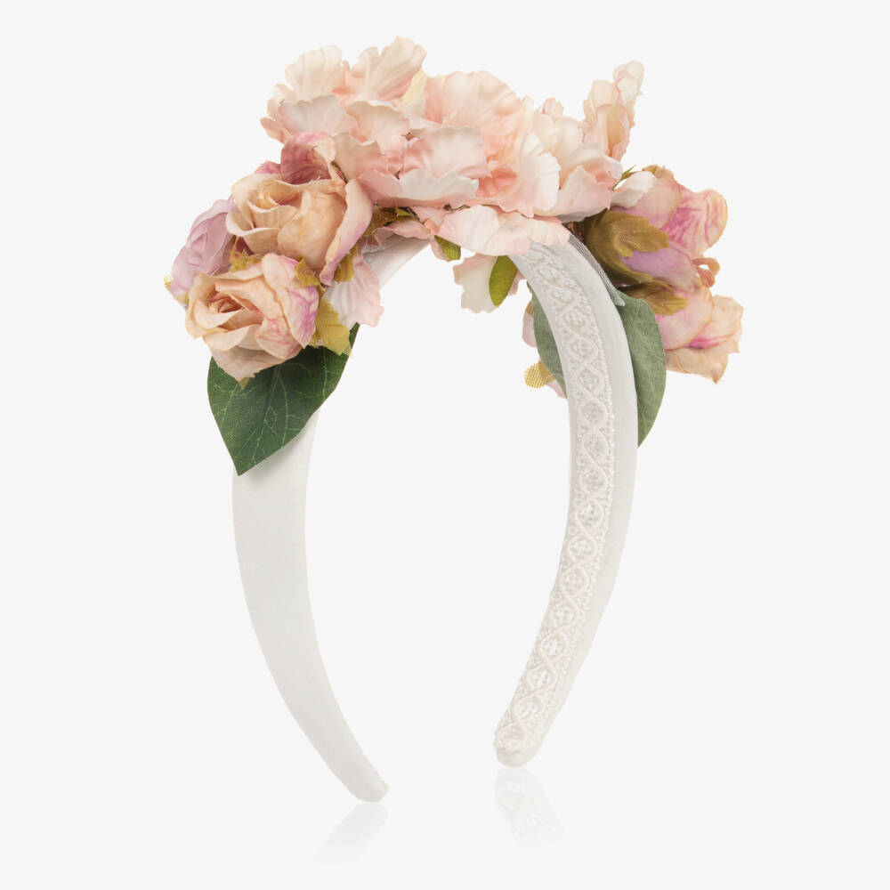 Irpa-Girls Ivory & Pink Floral Appliqué Hairband | Childrensalon Outlet