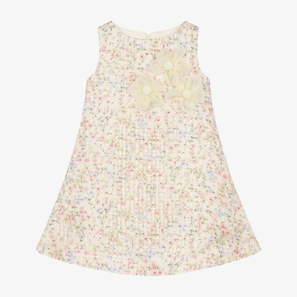 Irpa-Girls Ivory Satin Dress with 3D Floral Appliqués | Childrensalon Outlet