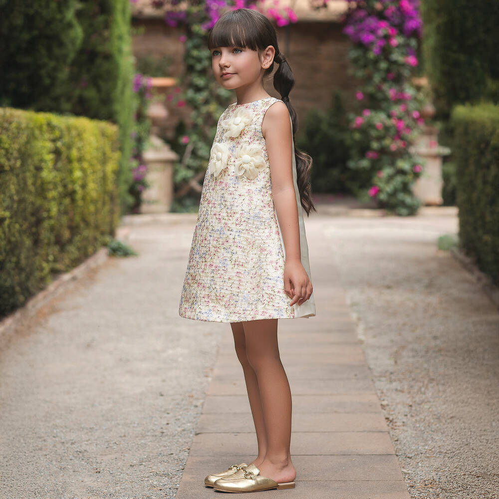 Irpa-Girls Ivory Satin Dress with 3D Floral Appliqués | Childrensalon Outlet
