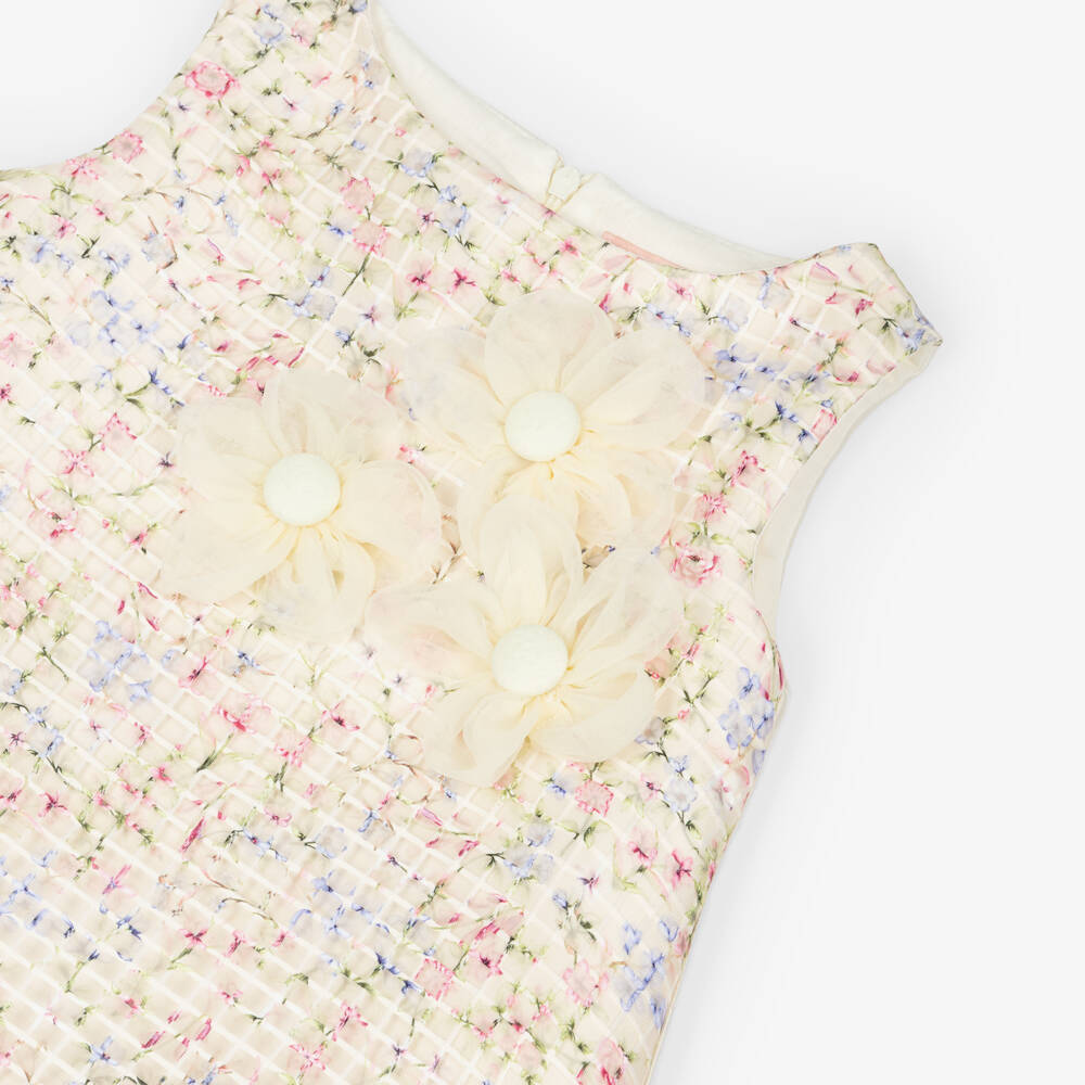 Irpa-Girls Ivory Satin Dress with 3D Floral Appliqués | Childrensalon Outlet