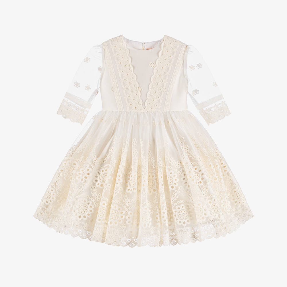 Irpa-فستان ساتان عاجي للبنات مع تول دانتيل | Childrensalon Outlet