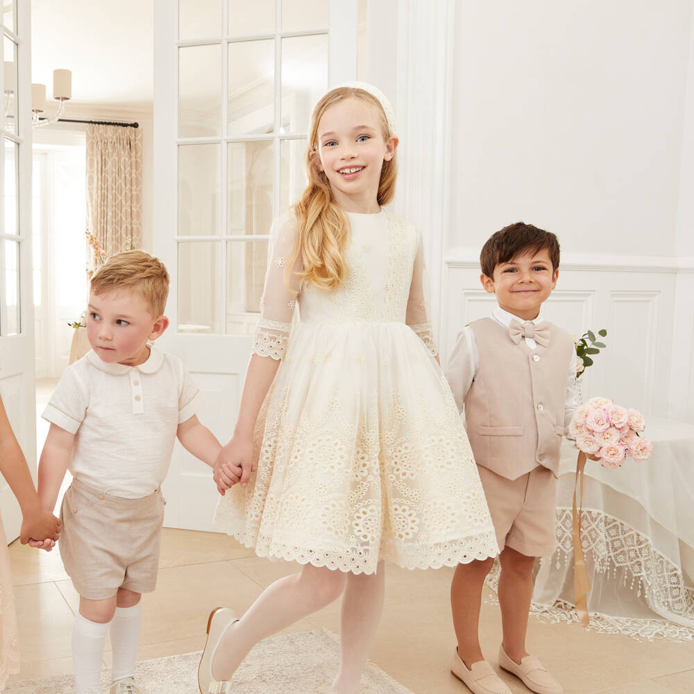 Irpa-Girls Ivory Satin Gown with Lace Tulle | Childrensalon Outlet