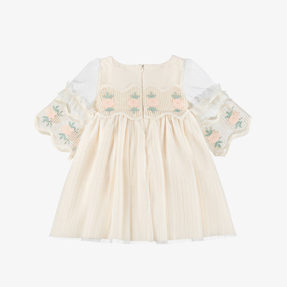 Irpa-Girls Ivory Satin & Tulle Dress with Rose Embroidered Lace | Childrensalon Outlet