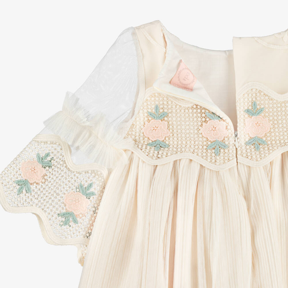 Irpa-Girls Ivory Satin & Tulle Dress with Rose Embroidered Lace | Childrensalon Outlet