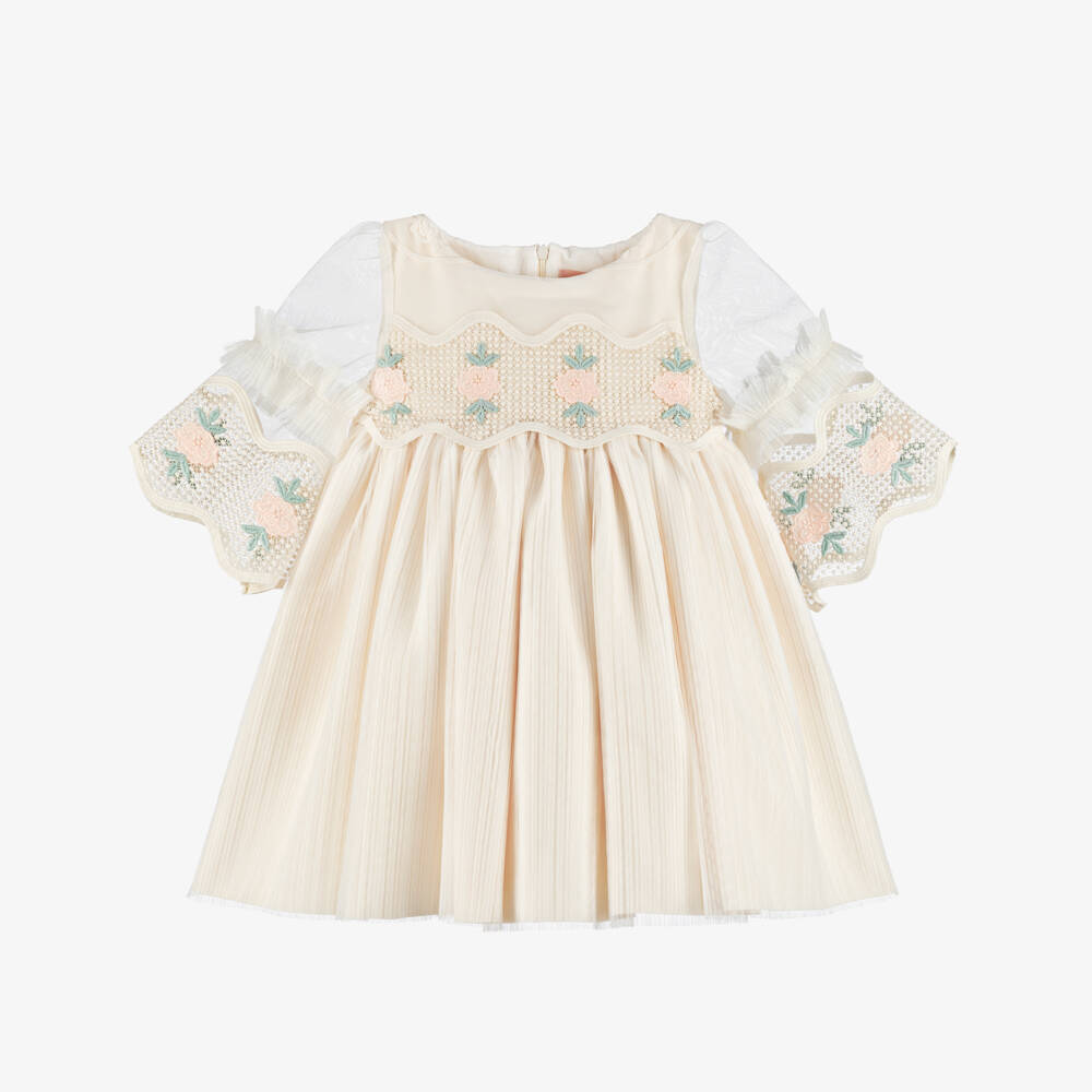 Irpa-Girls Ivory Satin & Tulle Dress with Rose Embroidered Lace | Childrensalon Outlet