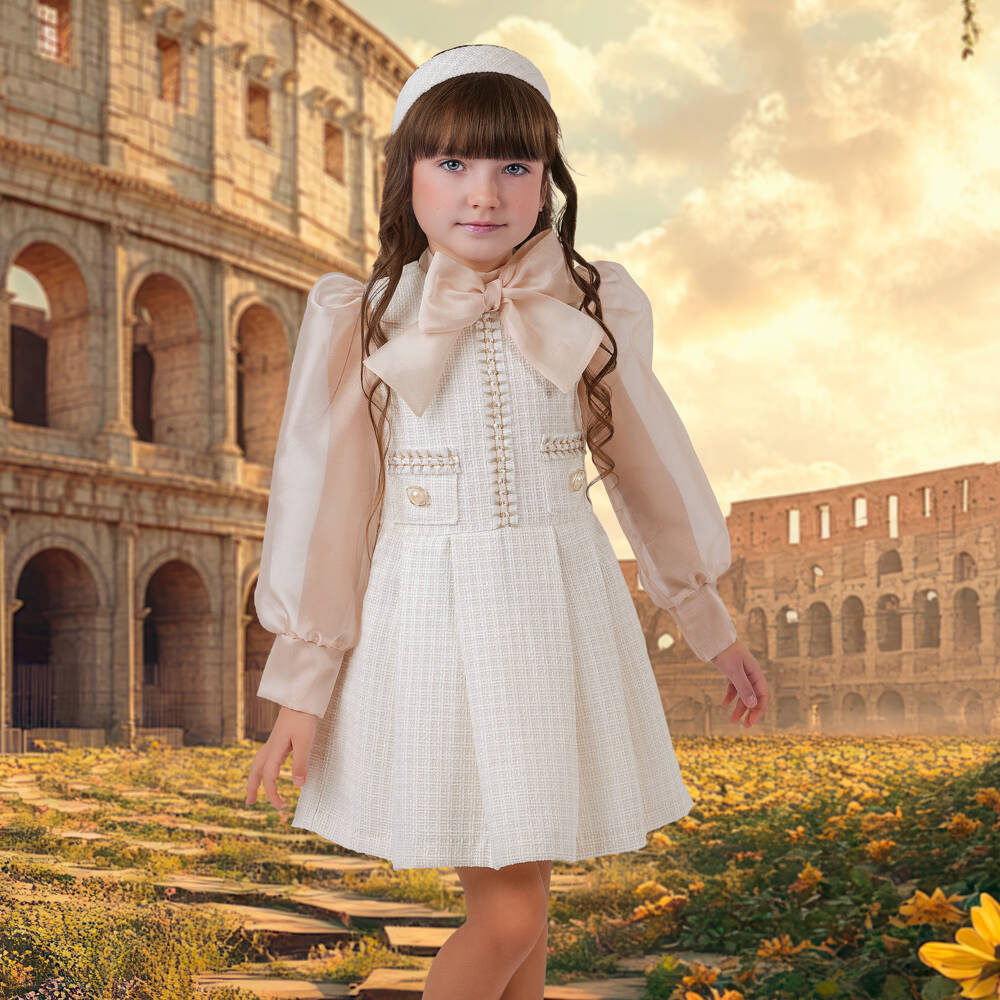 Irpa-Girls Ivory Tweed Bow Dress | Childrensalon Outlet