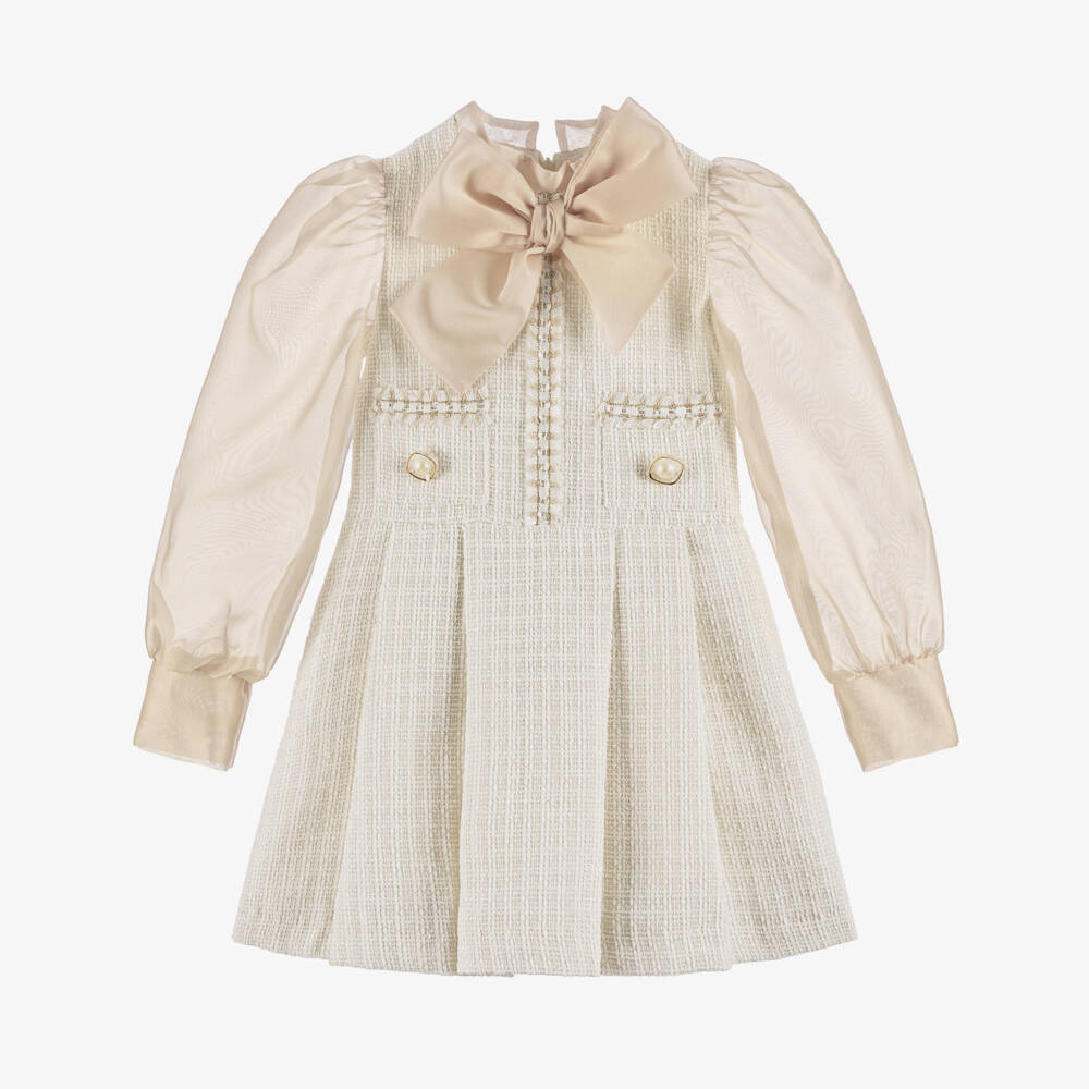 Irpa-Girls Ivory Tweed Bow Dress | Childrensalon Outlet