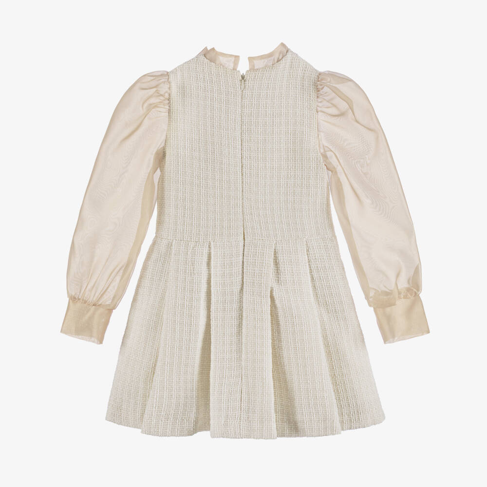 Irpa-Girls Ivory Tweed Dress with Beige Organza Trim | Childrensalon Outlet