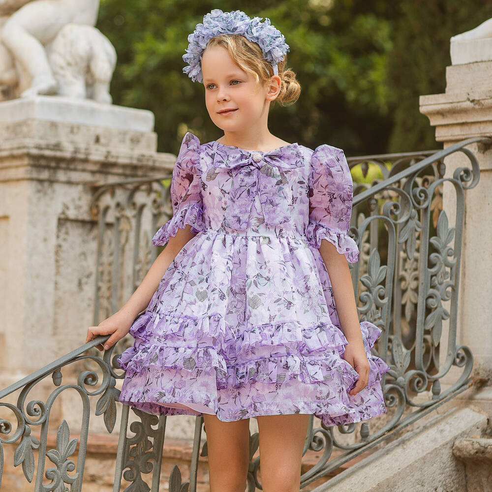 Irpa-Girls Lavender Chiffon Dress with Floral Print | Childrensalon Outlet