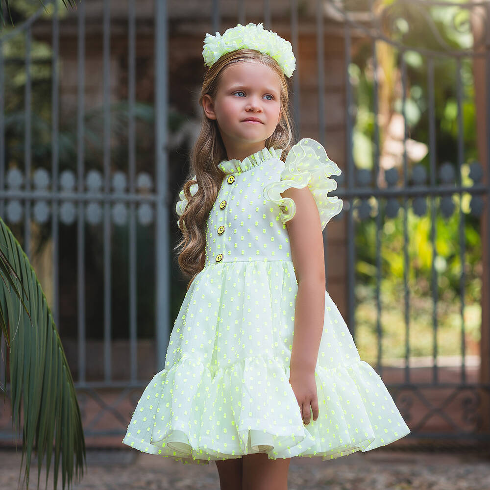 Irpa-Girls Neon Green Plumeti Dress | Childrensalon Outlet