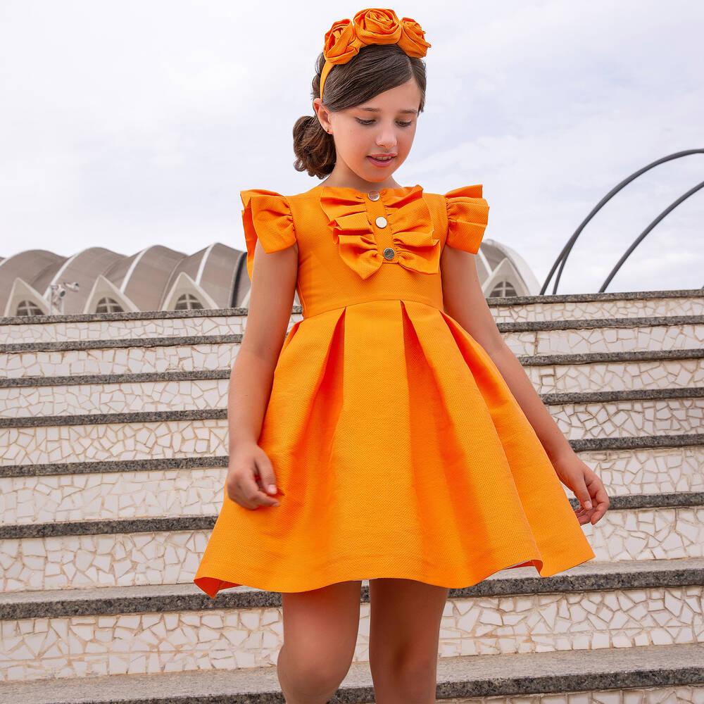 Irpa-Girls Orange Bow Dress | Childrensalon Outlet