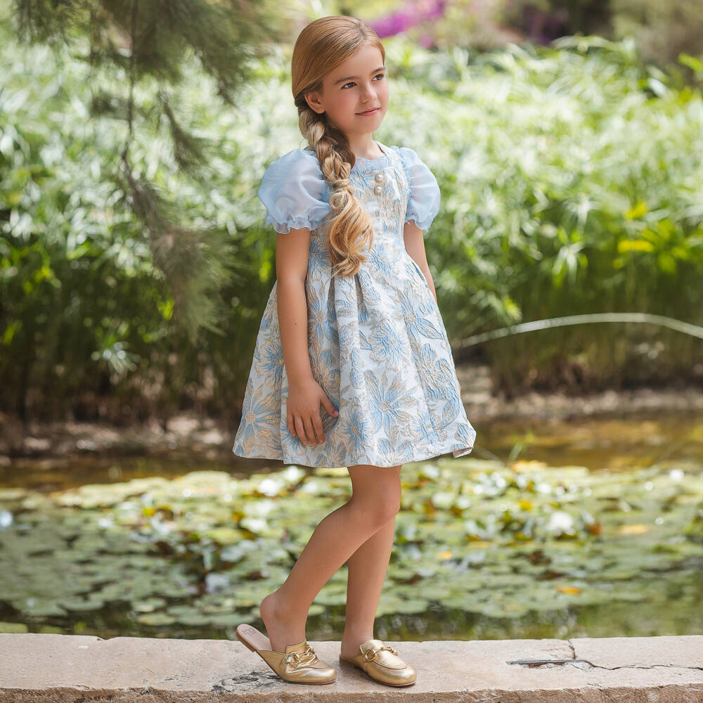 Irpa-Girls Pale Blue & Gold Jacquard Dress | Childrensalon Outlet