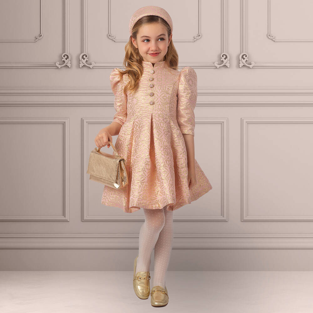 Irpa-Girls Pink & Gold Jacquard Dress | Childrensalon Outlet