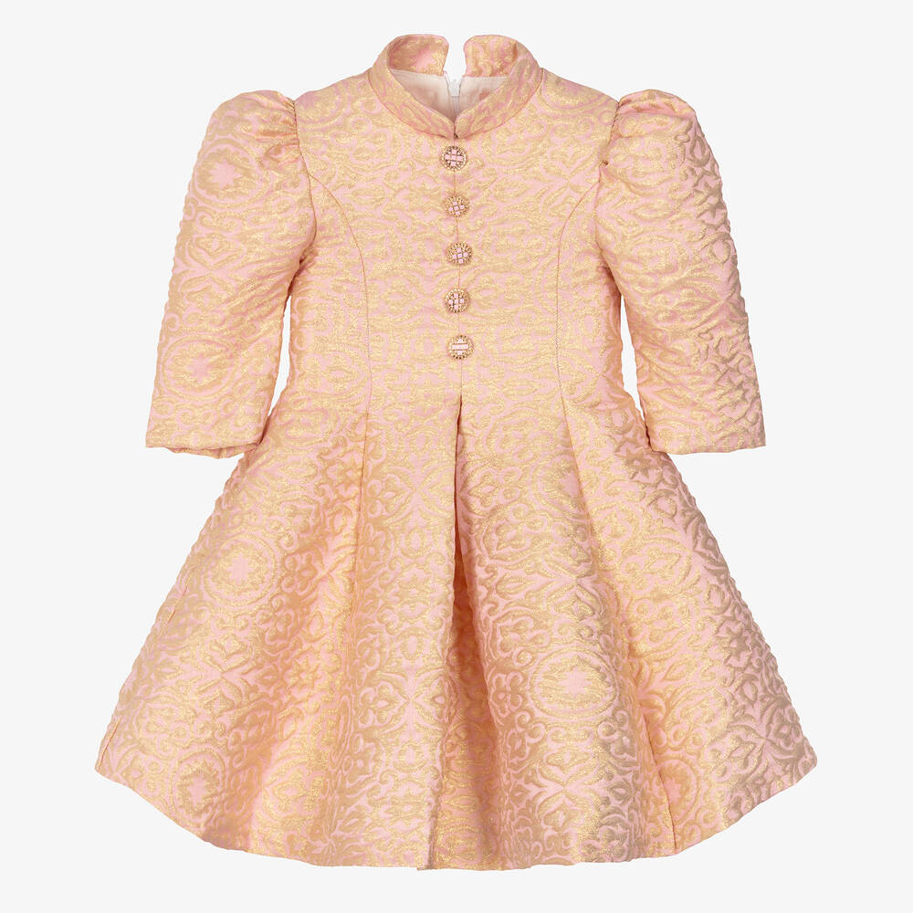 Irpa - Girls Pink & Gold Jacquard Dress | Childrensalon