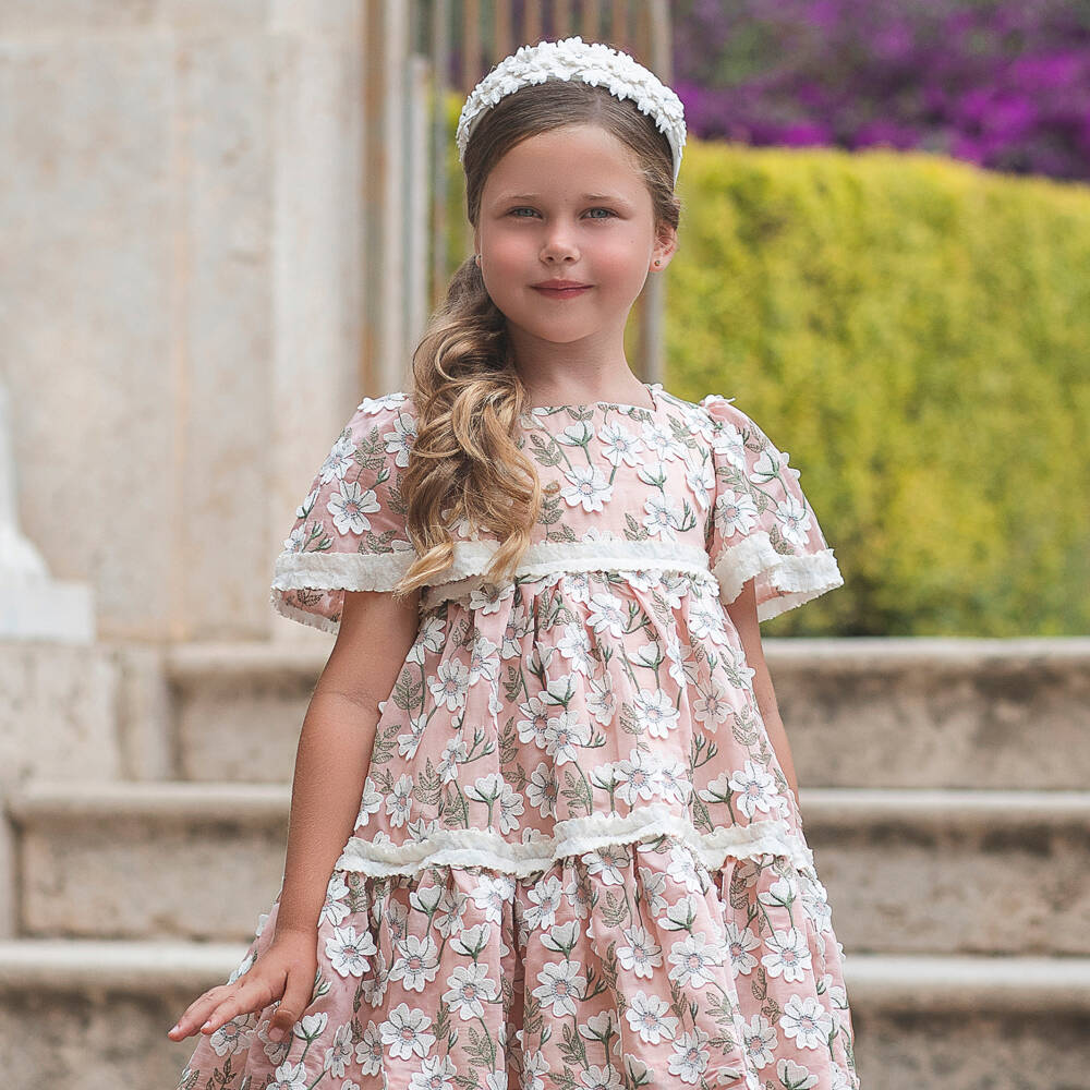 Irpa-Girls Pink & Ivory Floral Tiered Dress | Childrensalon Outlet