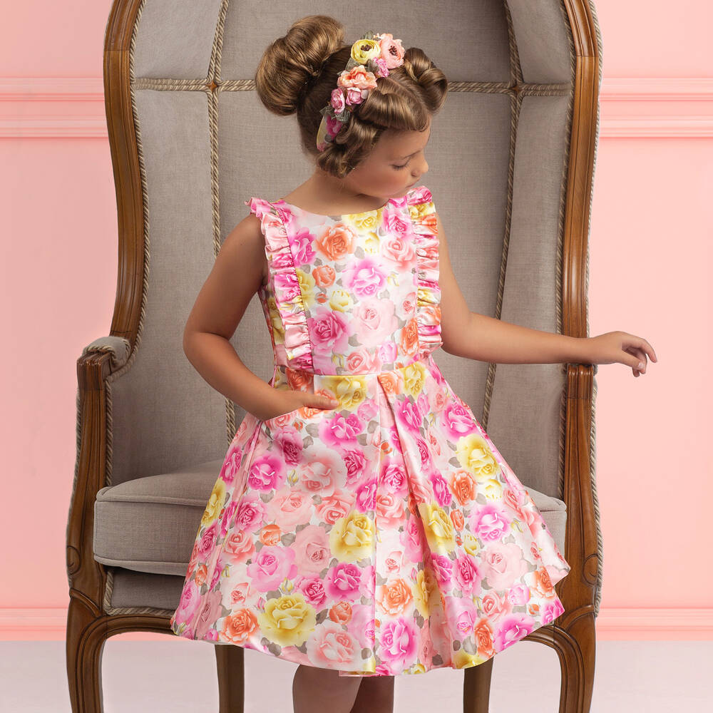 Irpa-Girls Pink Satin Roses Dress | Childrensalon Outlet